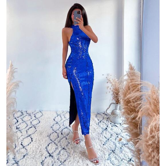 ZARA Sequin Halter Midi Dress NWT | Blue Slit Fitted Blogger Fave L - Picture 10 of 16